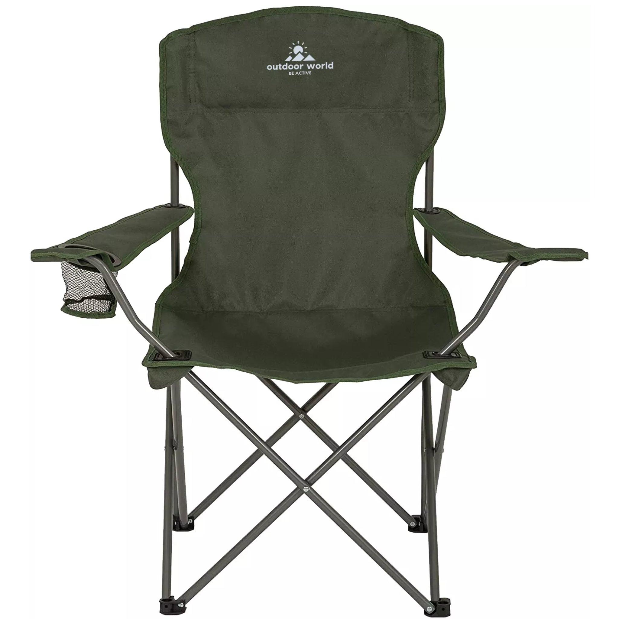 Olive Green Outdoor World Folding Camping Chair with Cup Holder High Back Waterproof Fabric Durable Steel Legs and Carry Bag